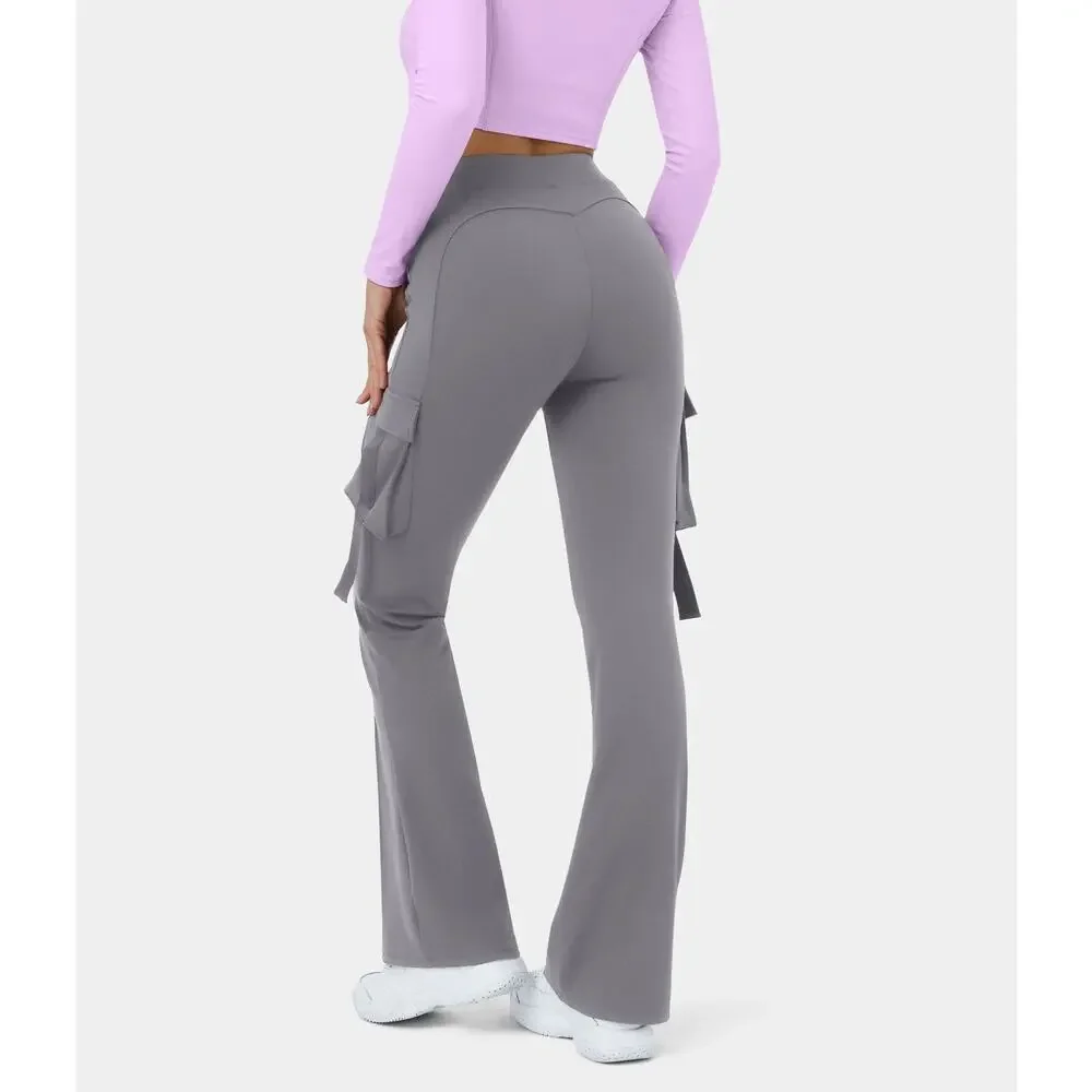 HALARA High Waisted Gray Women's Flare Cargo Pants Leggings M Petite NWT